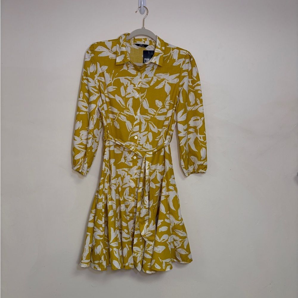 NWT Max Urban Floral Button-Front Shirt Dress in Mustard and White -Size 8 - Picture 3 of 8